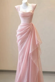 Elegant Pink Sweetheart Chiffon Ruched A-Line Long Prom Evening Dress