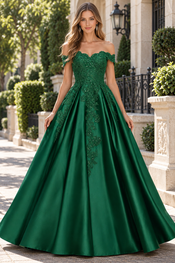 Emerald Green Off-Shoulder A-Line Pleated Satin Prom Evening Dress with Appliques