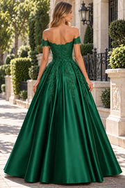 Emerald Green Off-Shoulder A-Line Pleated Satin Prom Evening Dress with Appliques