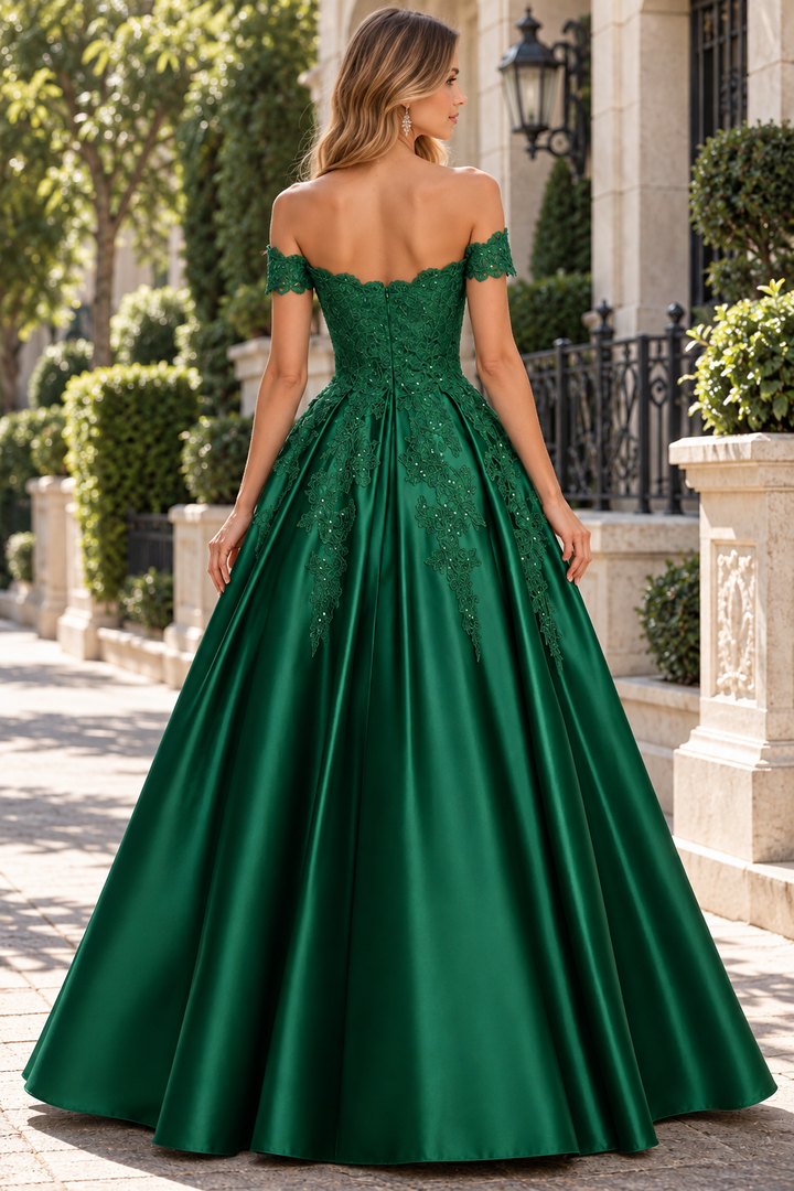 Emerald Green Off-Shoulder A-Line Pleated Satin Prom Evening Dress with Appliques
