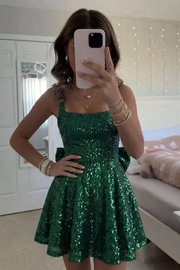 Emerald Green Sequin A-Line Homecoming Dress with Square Neck