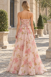 Floral A-Line Strapless Scoop Print A-Line Chiffon Prom Evening Dress