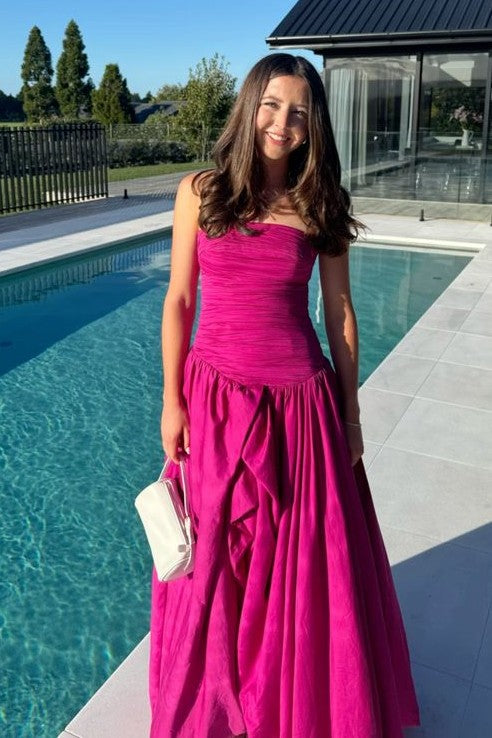 Fuchsia A-Line Strapless Scoop Neck Ruched Satin Long Prom Party Dress