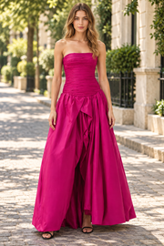 Fuchsia A-Line Strapless Scoop Neck Ruched Satin Long Prom Party Dress