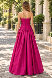 Fuchsia A-Line Strapless Scoop Neck Ruched Satin Long Prom Party Dress