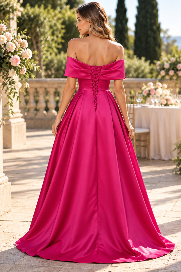 Fuchsia Off-Shoulder A-Line Satin Pleated Empire-Waist Prom Evening Dress with Slit