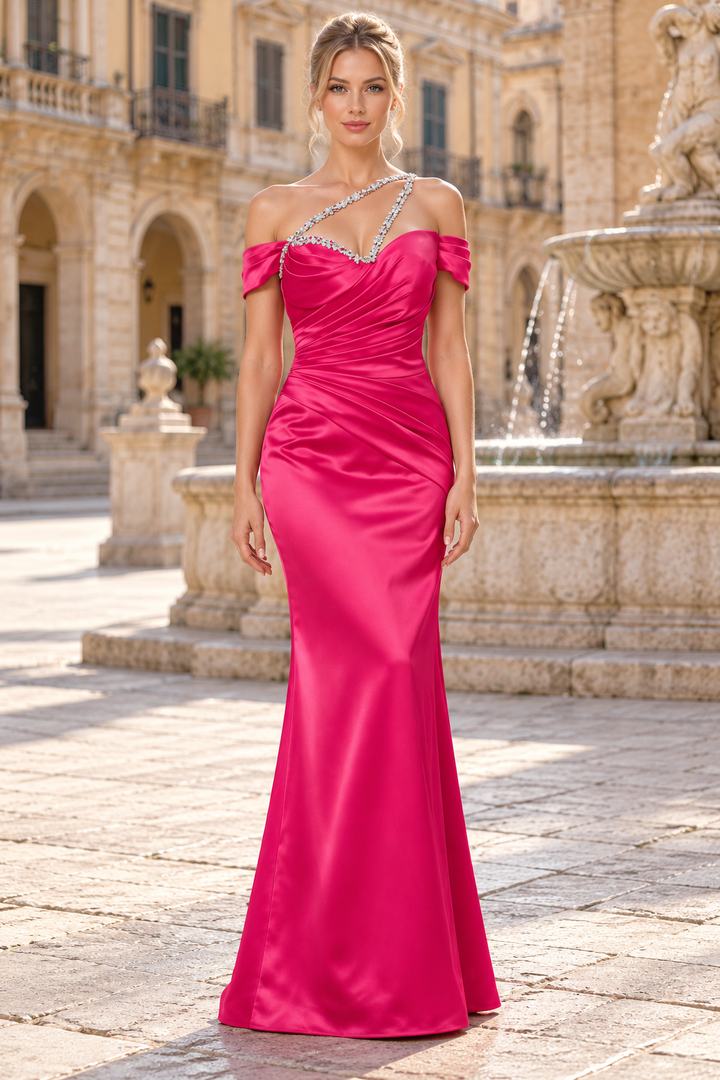 Fuchsia One Shoulder Beads Sheath Pleats Satin Evening Prom Dress