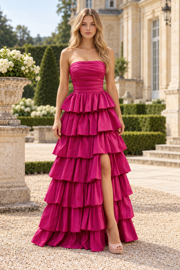 Fuchsia Strapless A-Line Scoop Neck Tiered Satin Long Prom Dress with Slit