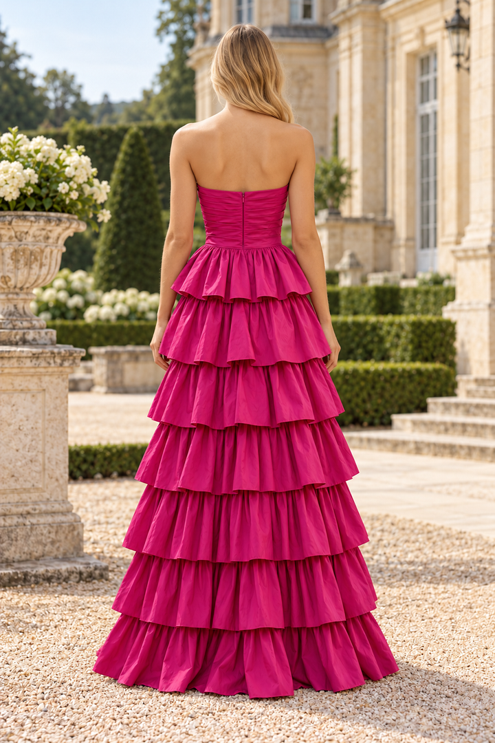 Fuchsia Strapless A-Line Scoop Neck Tiered Satin Long Prom Dress with Slit