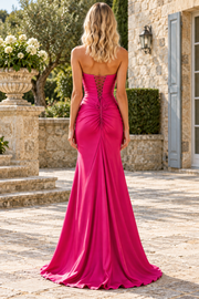 Fuchsia Strapless Twist Sweetheart Mermaid Satin Long Prom Dress with Slit