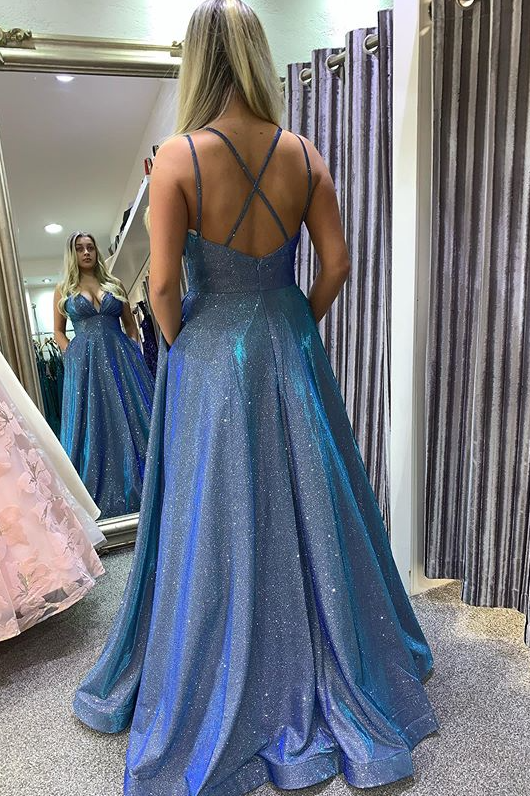 Glitter A-Line Spaghetti Straps V-Neck Empire-Waist Sleeveless Long Prom Formal Dress with Pockets