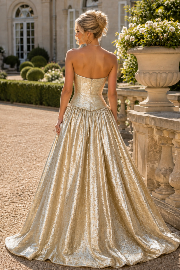 Gold A-Line Strapless Metallic Empire-Waist Pleated Long Prom Dress