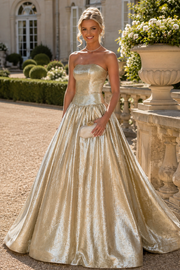 Gold A-Line Strapless Metallic Empire-Waist Pleated Long Prom Dress