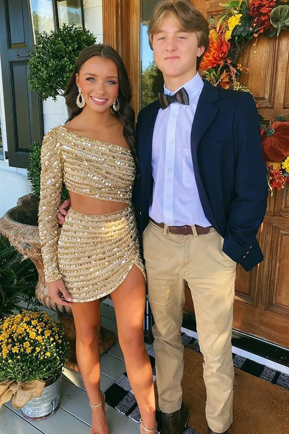 Gold One Shoulder Sequin Homecoming Mini Dress with Cut Out