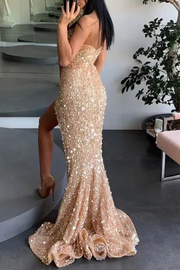 Gold Spaghetti Straps Sequined High Slit Sleeveless Mermaid Long Prom Dress