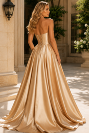 Gold Strapless A-Line Empire-Waist High Slit Satin Long Prom Dress