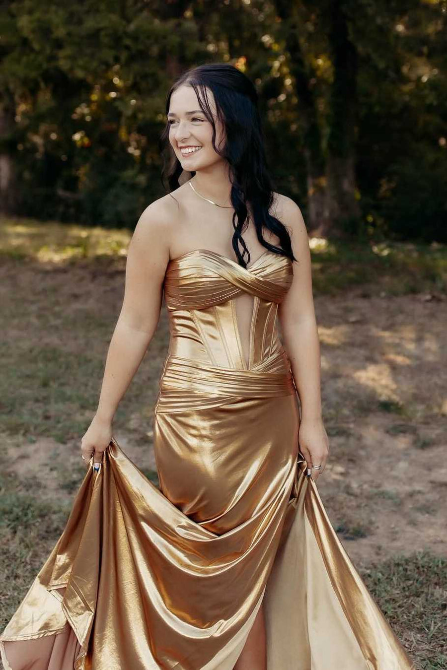 Gold Strapless Mermaid Metallic Sleeveless Keyhole  Side Slit Long Prom Dress