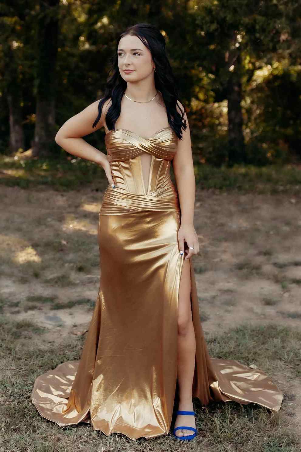 Gold Strapless Mermaid Metallic Sleeveless Keyhole  Side Slit Long Prom Dress