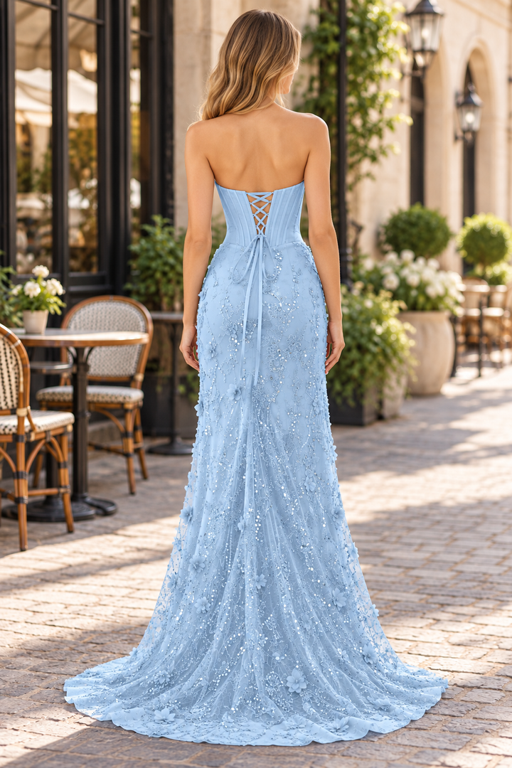 Gorgeous A-Line Strapless Appliques Long Prom Dress with Side Slit