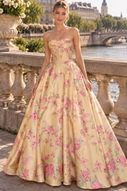Gorgeous A-Line Strapless Empire-Waist Floral Print Long Prom Evening Dress