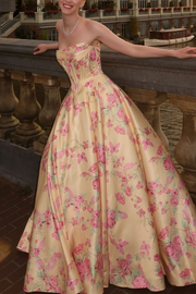 Gorgeous A-Line Strapless Empire-Waist Floral Print Long Prom Evening Dress
