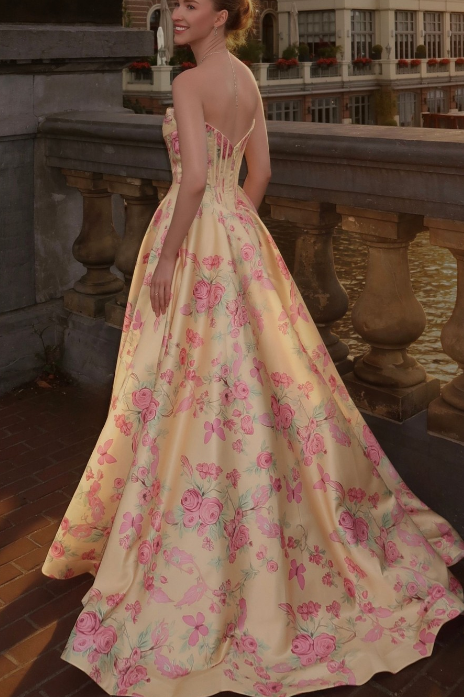 Gorgeous A-Line Strapless Empire-Waist Floral Print Long Prom Evening Dress