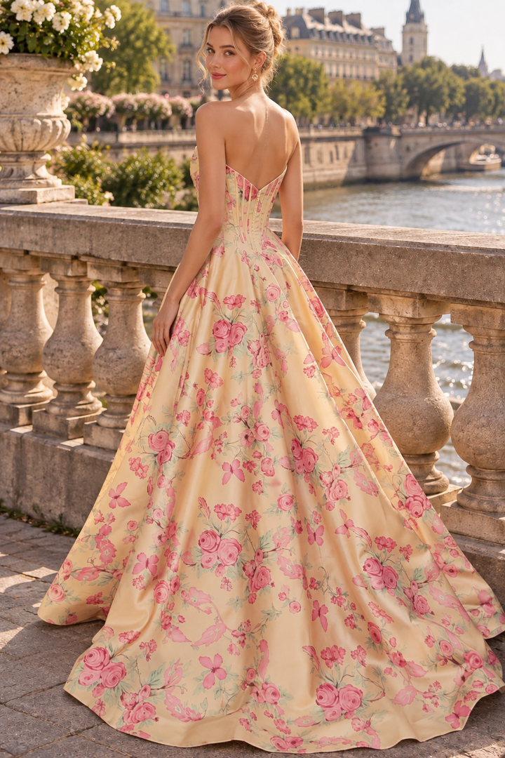 Gorgeous A-Line Strapless Empire-Waist Floral Print Long Prom Evening Dress