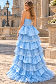 Gorgeous Blue A-Line Strapless Beading Tiered Evening Prom Dress with Train