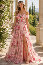 Gorgeous Pink Off-Shoulder A-Line Appliques Floral Prom Dress with Slit