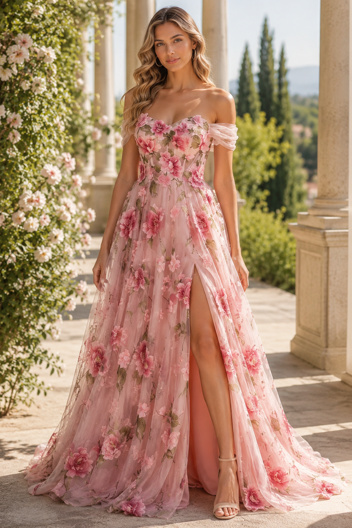 Gorgeous Pink Off-Shoulder A-Line Appliques Floral Prom Dress with Slit