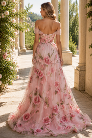 Gorgeous Pink Off-Shoulder A-Line Appliques Floral Prom Dress with Slit