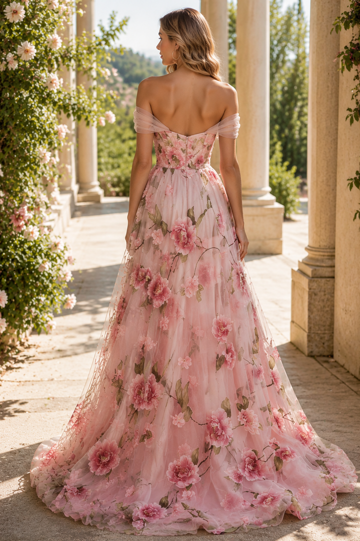 Gorgeous Pink Off-Shoulder A-Line Appliques Floral Prom Dress with Slit