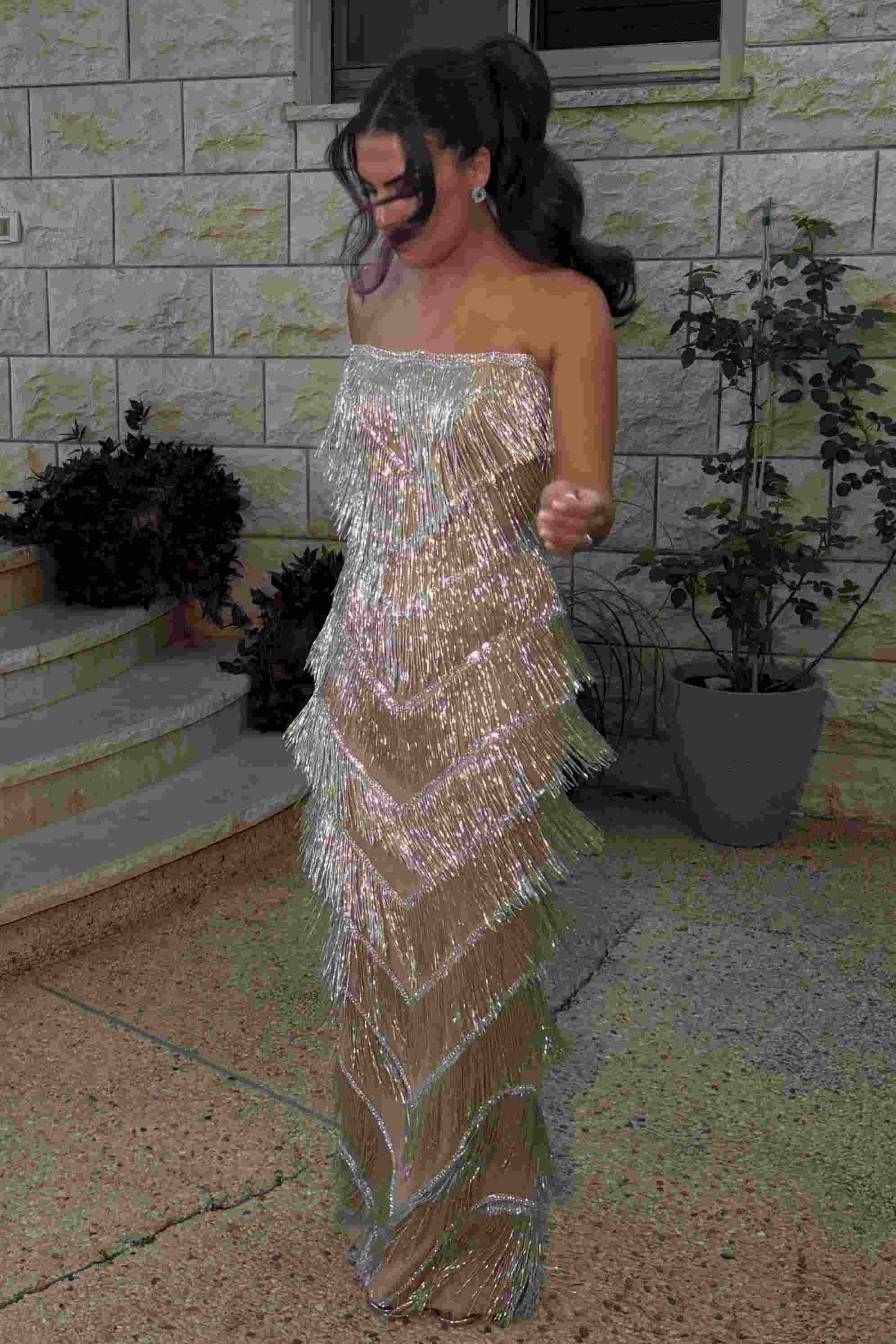 Gorgeous Strapless Tassel Sleeveless Long Prom Party Dress