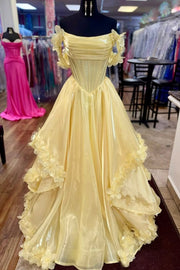 Gorgeous Yellow Off-Shoulder A-Line Ruffles Prom Dress with 3D Flower