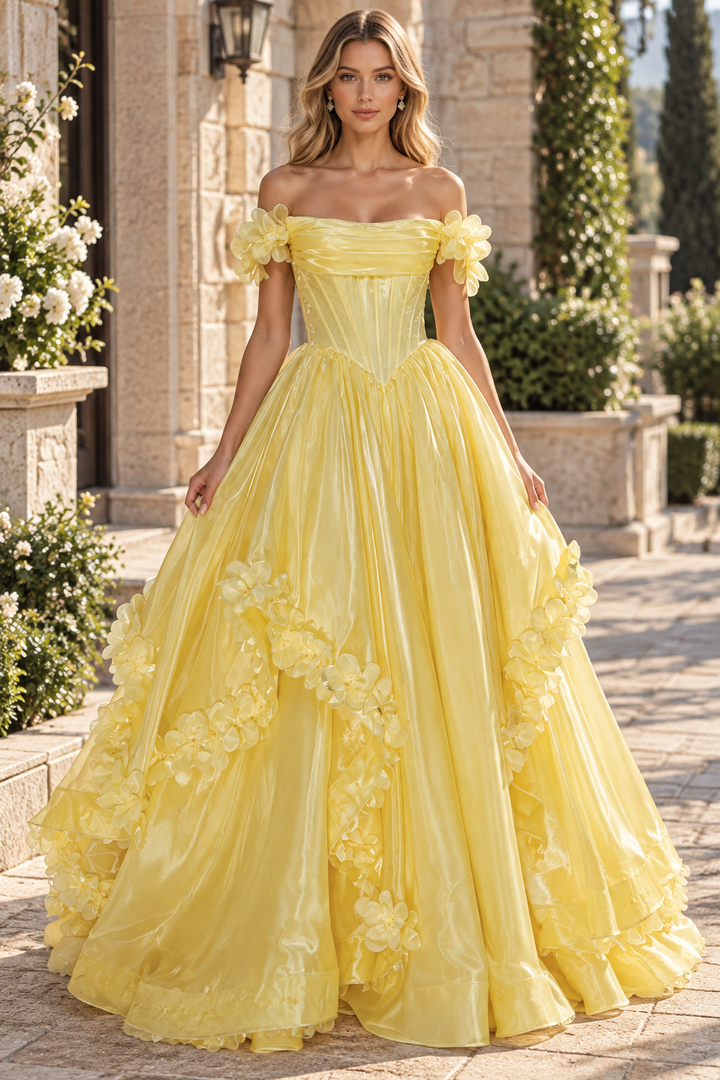 Gorgeous Yellow Off-Shoulder A-Line Ruffles Prom Dress with 3D Flower