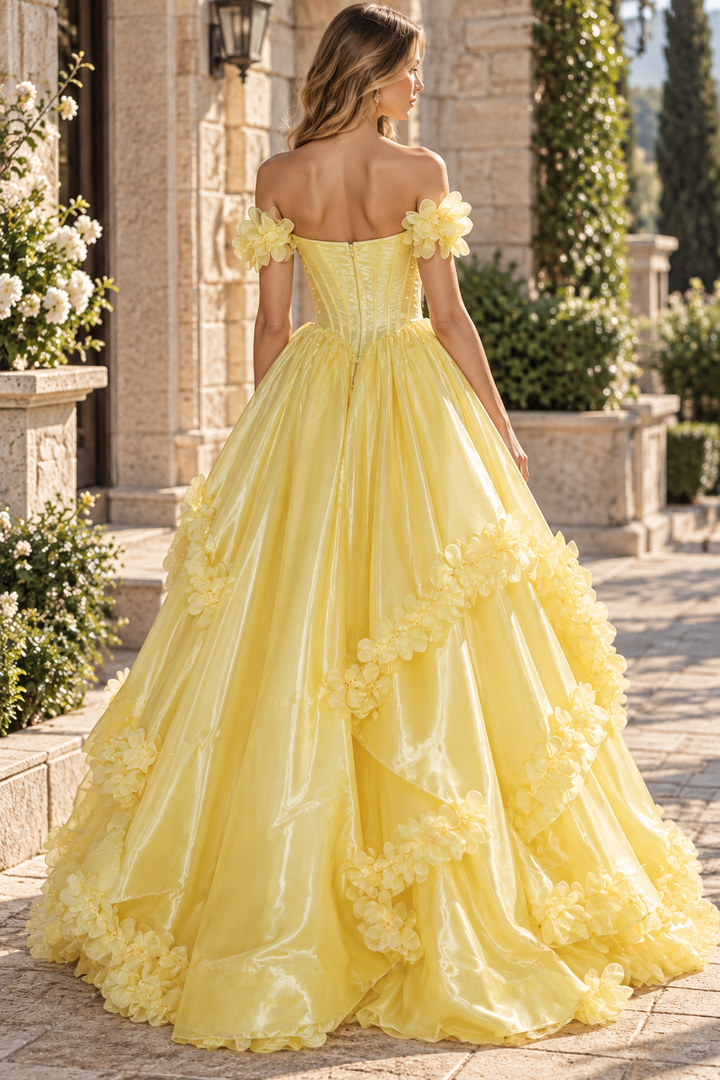 Gorgeous Yellow Off-Shoulder A-Line Ruffles Prom Dress with 3D Flower
