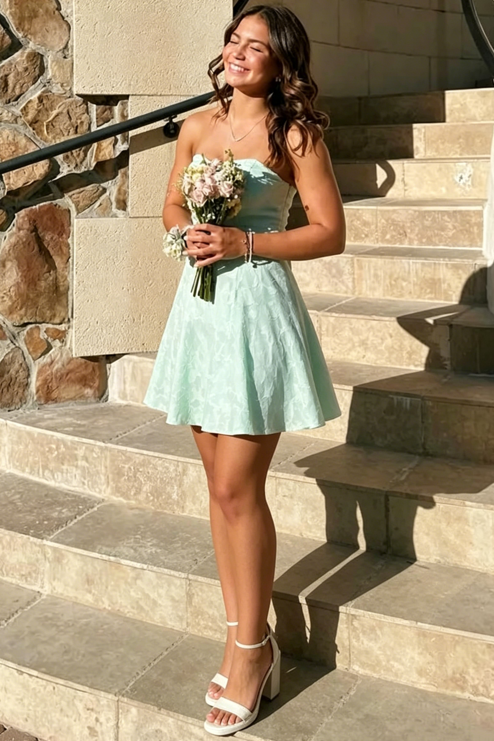 Green A-Line Appliques Strapless Empire-Waist Sleeveless Short Homecoming Dress 