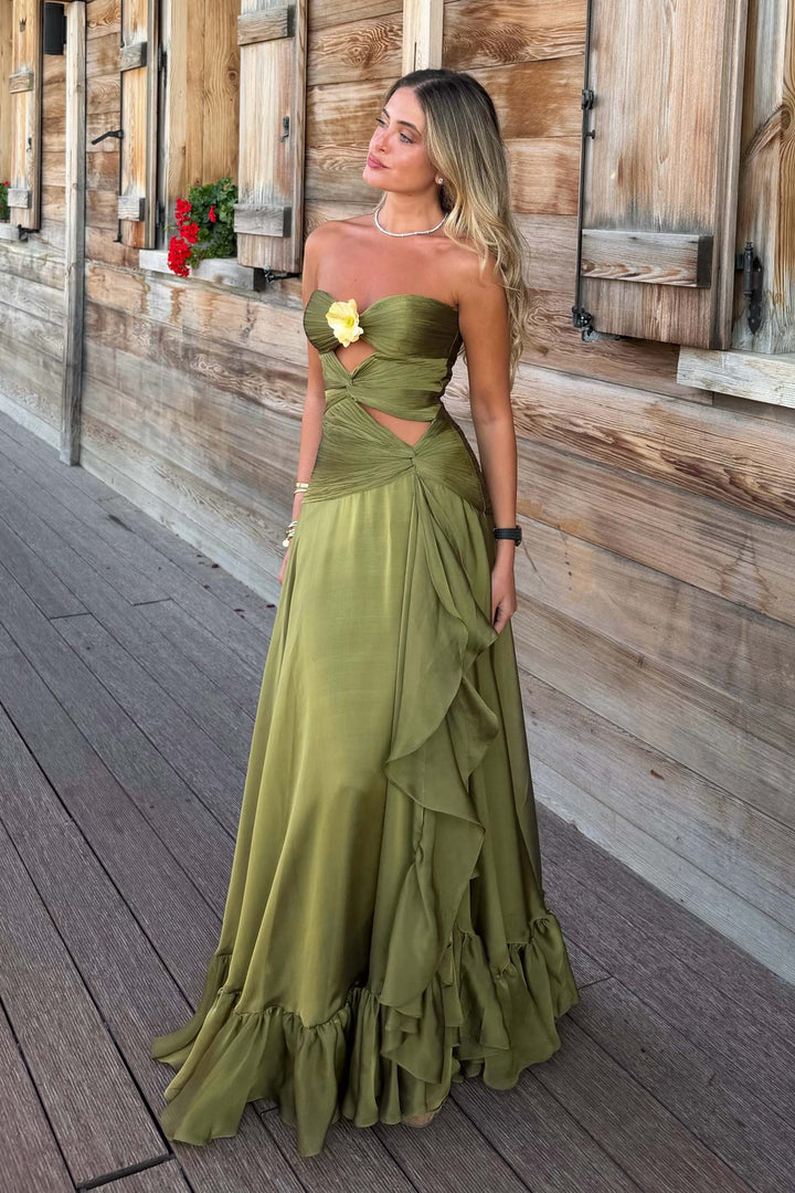 Green A-Line Keyhole Strapless Ruffles Satin Long Evening Prom Dress