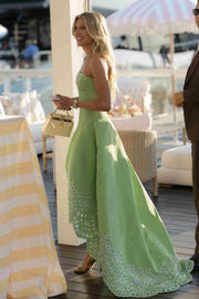 Green A-Line Strapless High-Low Empire-Waist Long Prom Formal Dress