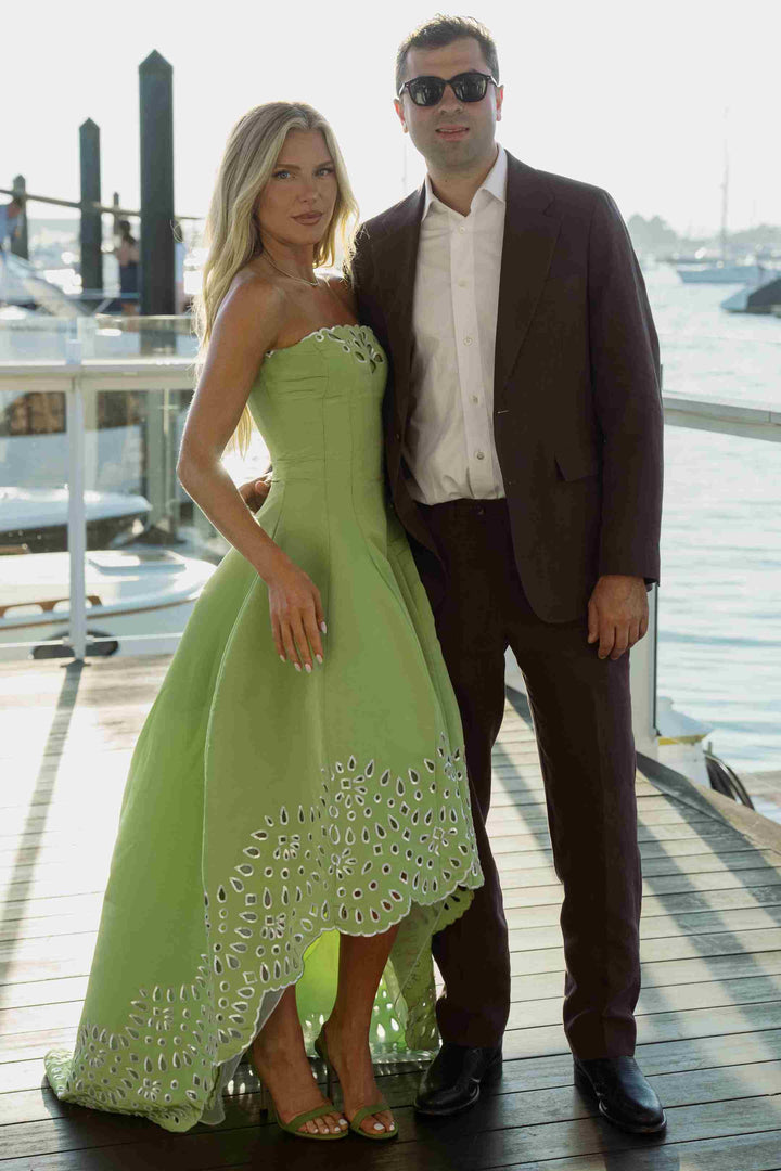 Green A-Line Strapless High-Low Empire-Waist Long Prom Formal Dress