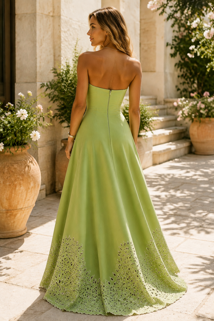 Green A-Line Strapless High-Low Empire-Waist Long Prom Formal Dress