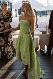 Green A-Line Strapless High-Low Empire-Waist Long Prom Formal Dress