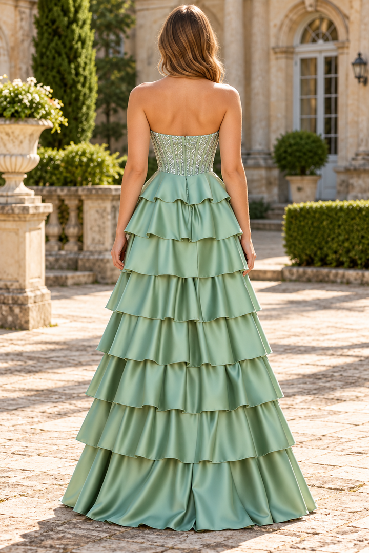 Green A-Line Strapless Sweetheart Tiered Satin Long Prom Dress