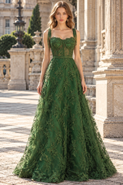 Green A-Line Straps Empire-Waist Lace Appliques Empire-Waist Sweetheart Long Prom Dress