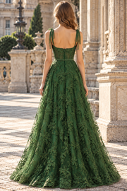 Green A-Line Straps Empire-Waist Lace Appliques Empire-Waist Sweetheart Long Prom Dress