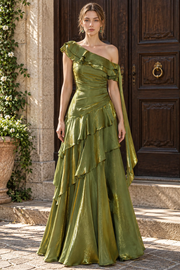 Green Off-Shoulder A-Line Empire-Waist Tiered Long Evening Prom Dress