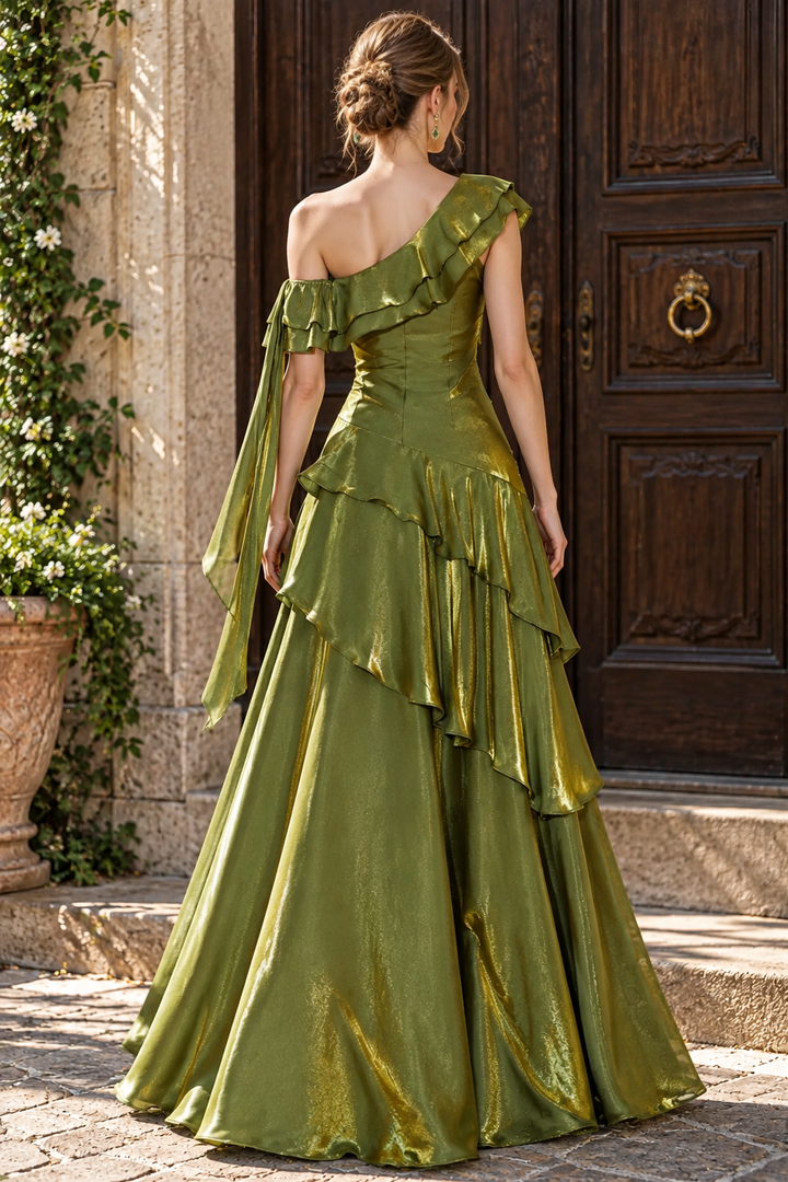 Green Off-Shoulder A-Line Empire-Waist Tiered Long Evening Prom Dress
