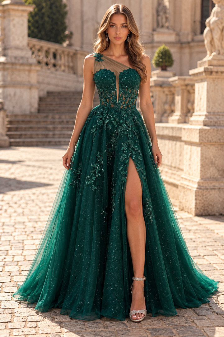 Green One Shoulder A-Line Lace Appliques Tulle Long Prom Dress