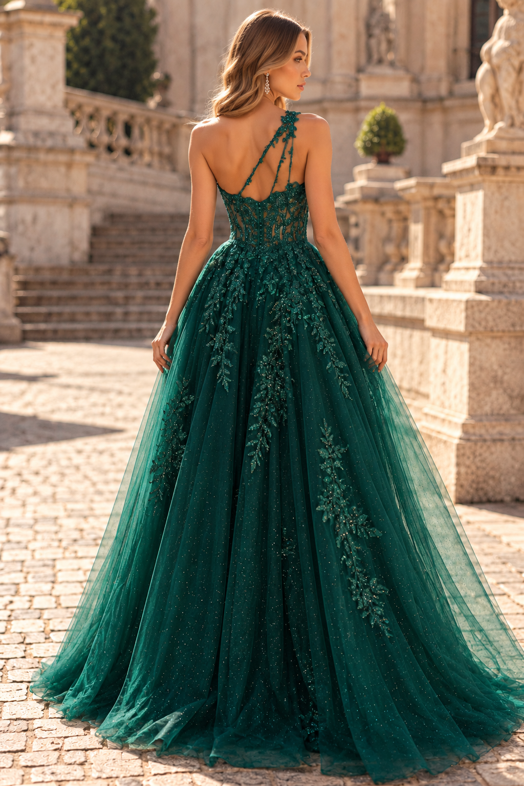 Green One Shoulder A-Line Lace Appliques Tulle Long Prom Dress