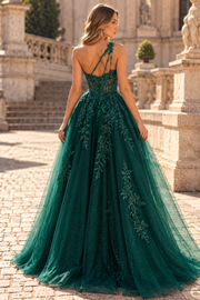 Green One Shoulder A-Line Lace Appliques Tulle Long Prom Dress